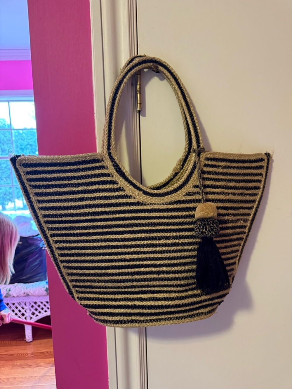 Striped Black and Natural Tote Bag with Tassel